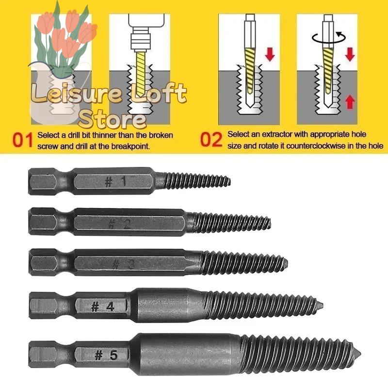 5/6Pcs Broken Bolt Extractor Set with Center Drill Bits - Easy-Out Design for Automotive & Machinery Repair