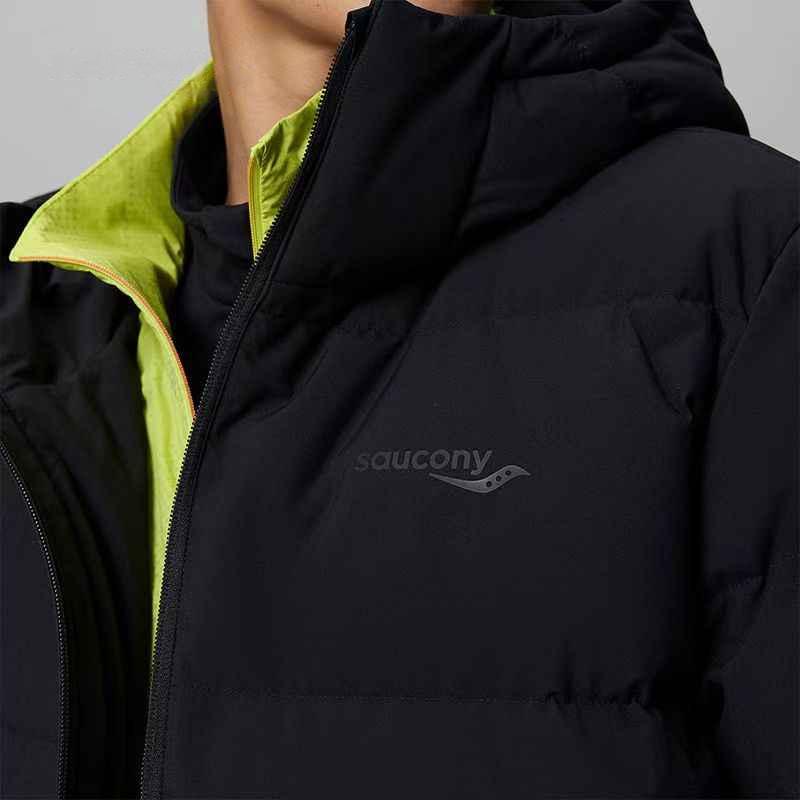 SAUCONY Solid Color Simple Logo Print Hooded Mid-Length Puffer Jacket Men Outerwear Black SC2240144C-BK01