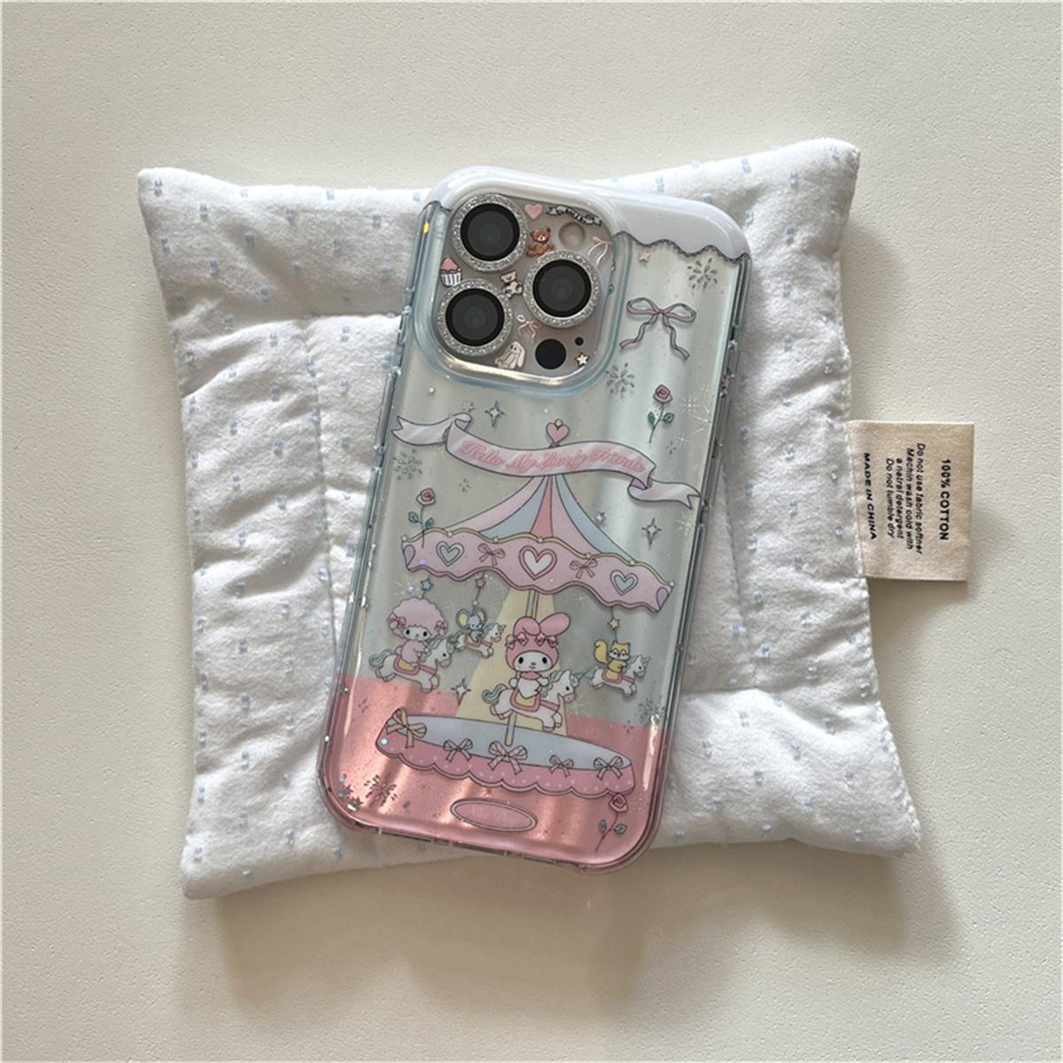 

Kawaii Carousel Melody Bow Phone Case For iPhone 16 Pro 15 14 Pro Max Cover with Hand Chain Strap Shockproof Cute Cases For iPhone 16Pro