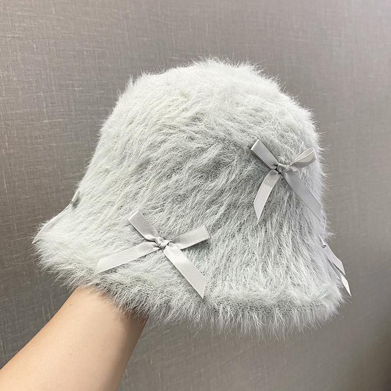 Rabbit Fur Bow Plush Bucket Hat Female Autumn and Winter Big Head Circumference Showing Face Small White Bucket Hat Warm Hat Tide