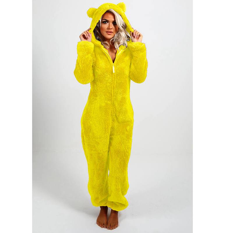 Women Warm Furry Pajamas Plush Fleece Zipper One-Piece Pajamas Soft and Comfortable Hooded Cute Bear Lounge Wear Women Onesies Home Night Sleepwear
