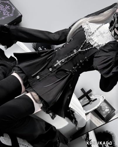 [XHSUKADO] Lace-up "Jirai-kei" (Landmine) Style Dress for Women - Cute Long Sleeves, Detachable Cross Ribbon Brooch, Frills, Lace, Flared Sleeves, A-l