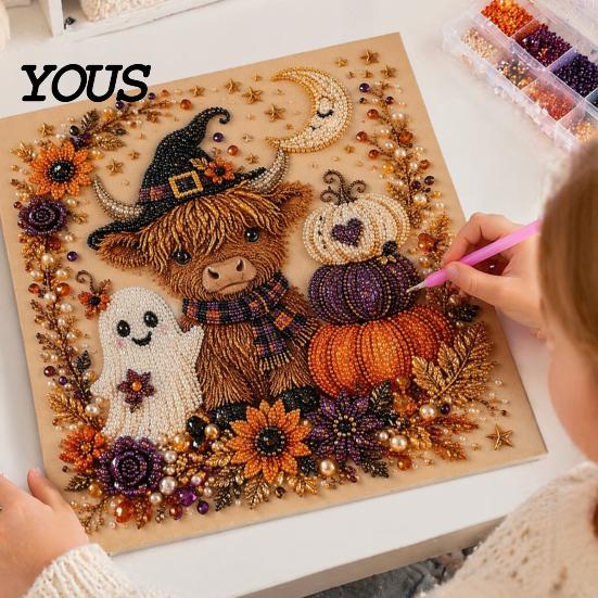 Rękodzieło Mozaikowe DIY dla Dorosłych Halloweenowy Zestaw Artystyczny z Sztucznymi Perłami, Strasznie Urocze Rzemiosło Malowania Koralikami 3D, Relaksujące Sztuki Gotycki Duch Dynia Kot Wrona Ściana Dom