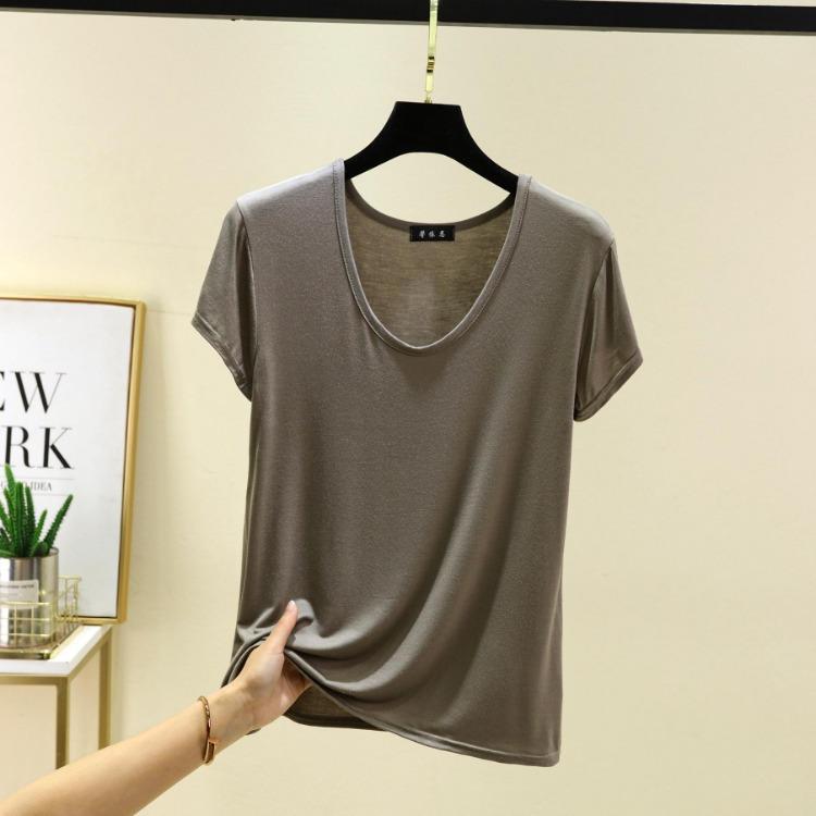 Plus Size Women's Loose U Neck Short Sleeve Modal Tee Thin Solid Color Tshirt All Match Tops M to 6XL