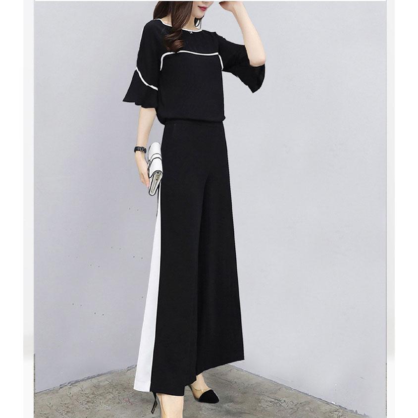 

Летний стильный комплект из 2 предметов, свободный покрой, расклешенные брюки, короткие рукава, женский модный костюм в корейском стиле XXL чёрный