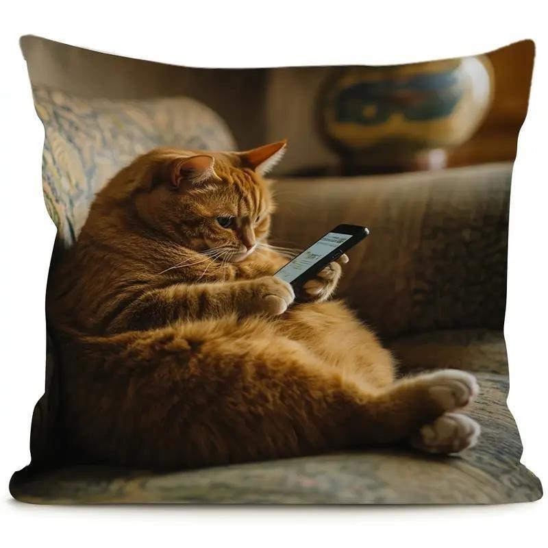 Cozy Orange Cat Print Decorative Pillowcase Cute Fat Tabby Cat Design Comfortable Polyester Fabric Pillow Cover For Sofa Decor