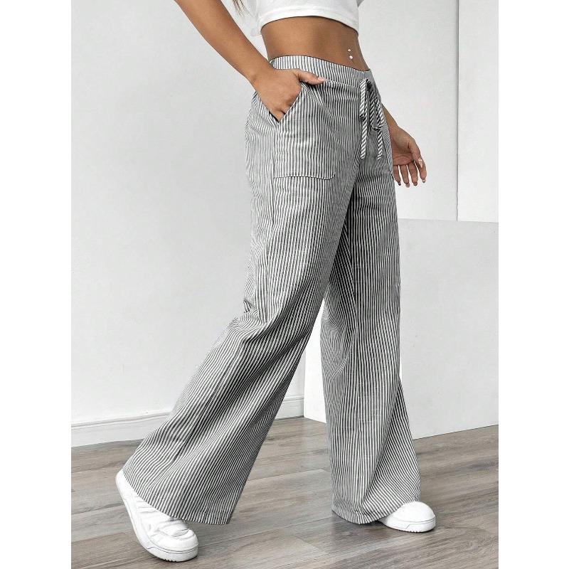 women s Striped Print High Waist Drawstring Wide Leg Pants Casual Loose Straight Leg Trousers S чёрный
