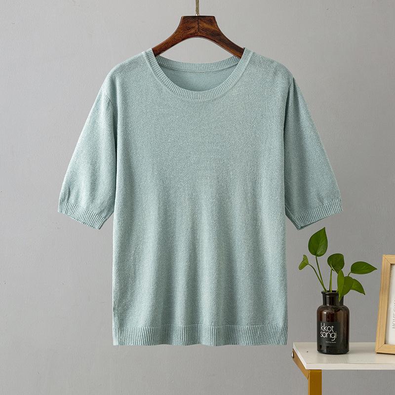 

Летняя женская футболка больших размеров Яркий шелковый однотонный топ с короткими рукавами Свободный тонкий круглый вырез Универсальная трикотажная футболка с половиной рукавов One Size