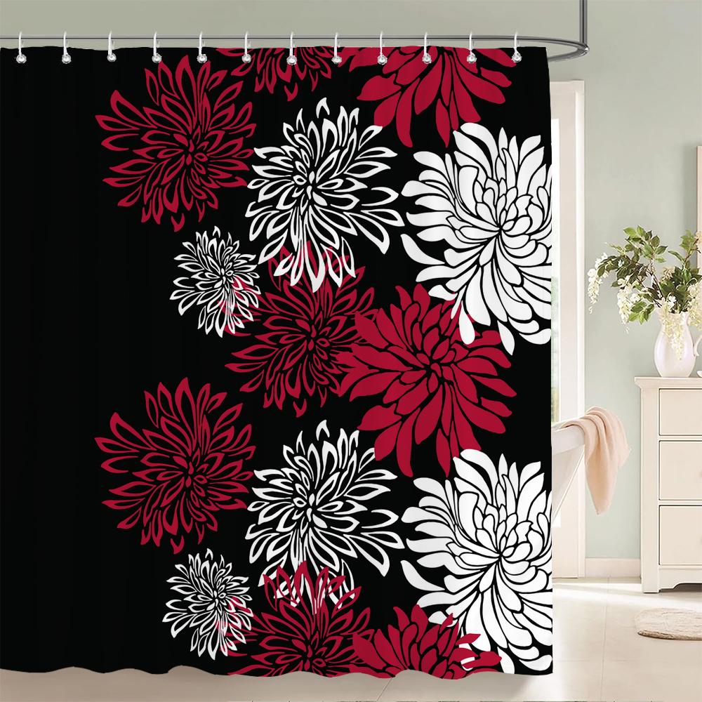 1 Pcs Shower Curtain Flowers Plants Black Printed Bathroom Curtain Polyester Cloth Waterproof Home Decoration Curtain with Hook