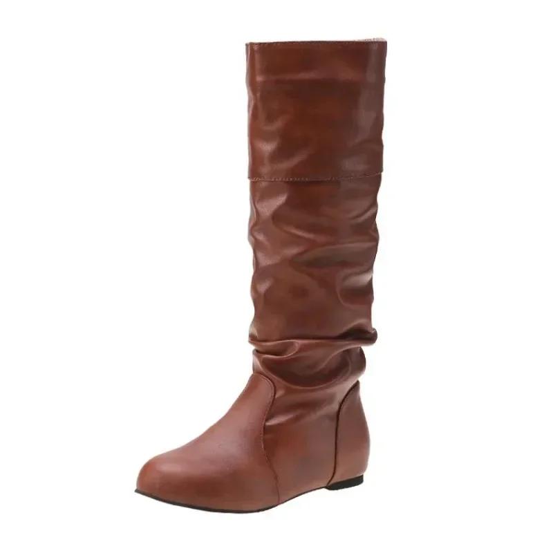 Women's Shoes 2025 Hot Sale Sleeve Women's Boots Autumn Winter Round Toe Solid High Tube Low-heeled Plus Size Western Boots