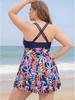 Plus Size Two-Piece Skirt Swimwear: Printed, Tummy Concealing, Slimming Boyshorts, Conservative Style, Ideal for Vacation or Hot Spring.
