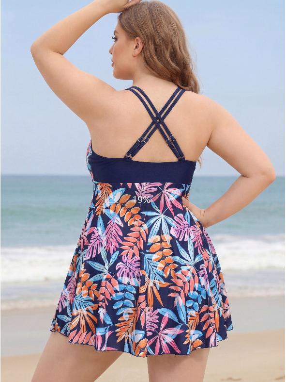 Plus Size Two-Piece Skirt Swimwear: Printed, Tummy Concealing, Slimming Boyshorts, Conservative Style, Ideal for Vacation or Hot Spring.