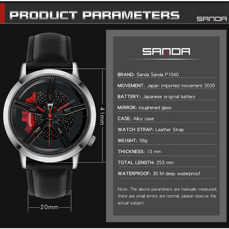 SANDA Modetrend Hohlzifferblatt Herrenuhr Schüler Auto Rad Wasserdicht Konzept Kreative Uhr