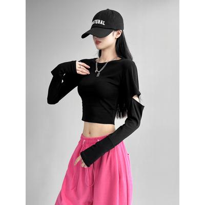 Dinamik Kız Slim Seksi Uzun Kollu Tişört Kadın Yuvarlak Yaka Kazak Kolları Açık Yüksek Bel Kısa Üst
