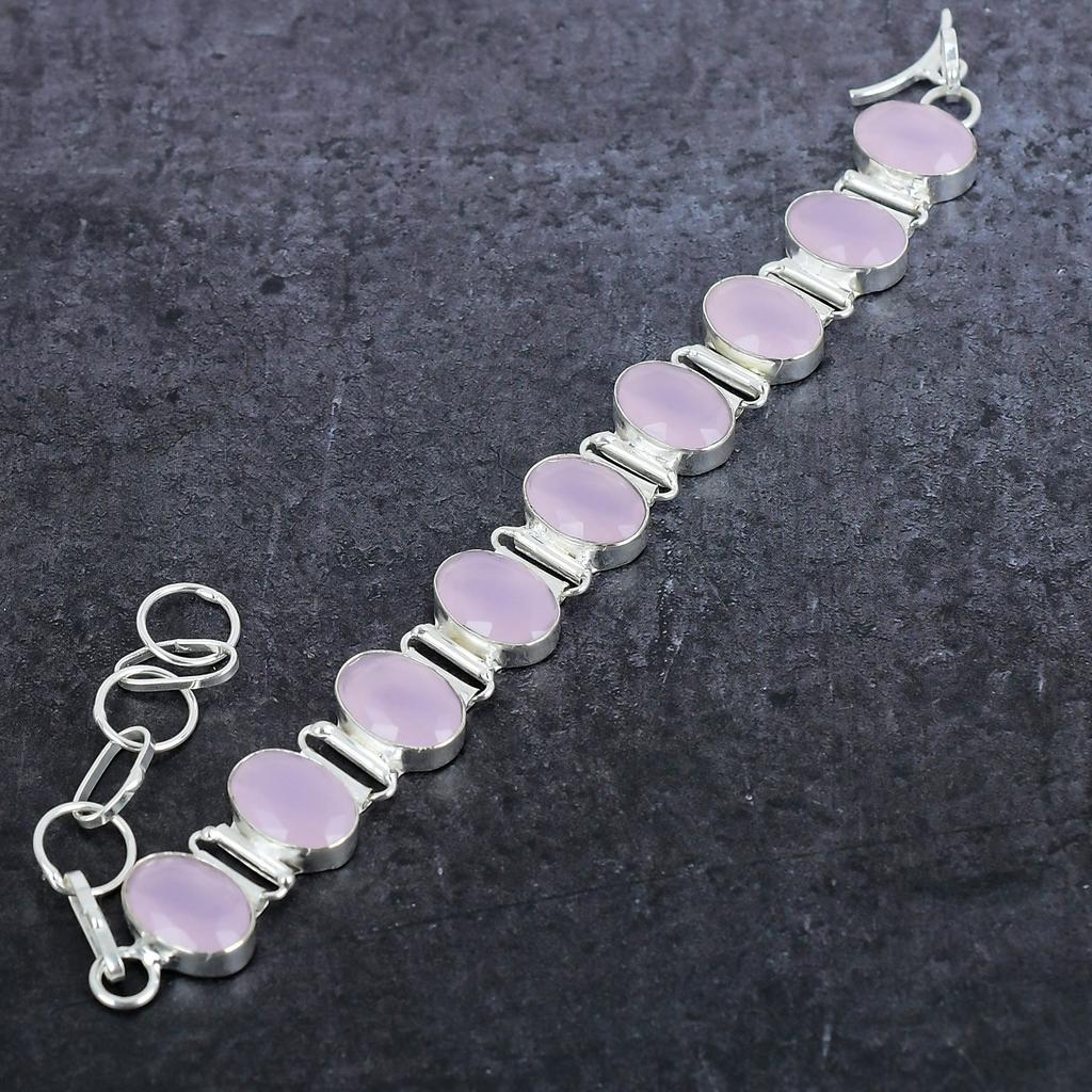 Ručně vyrobený náramek z přírodního růžového chalcedonu, stříbro 925, 7-8" N4N55
