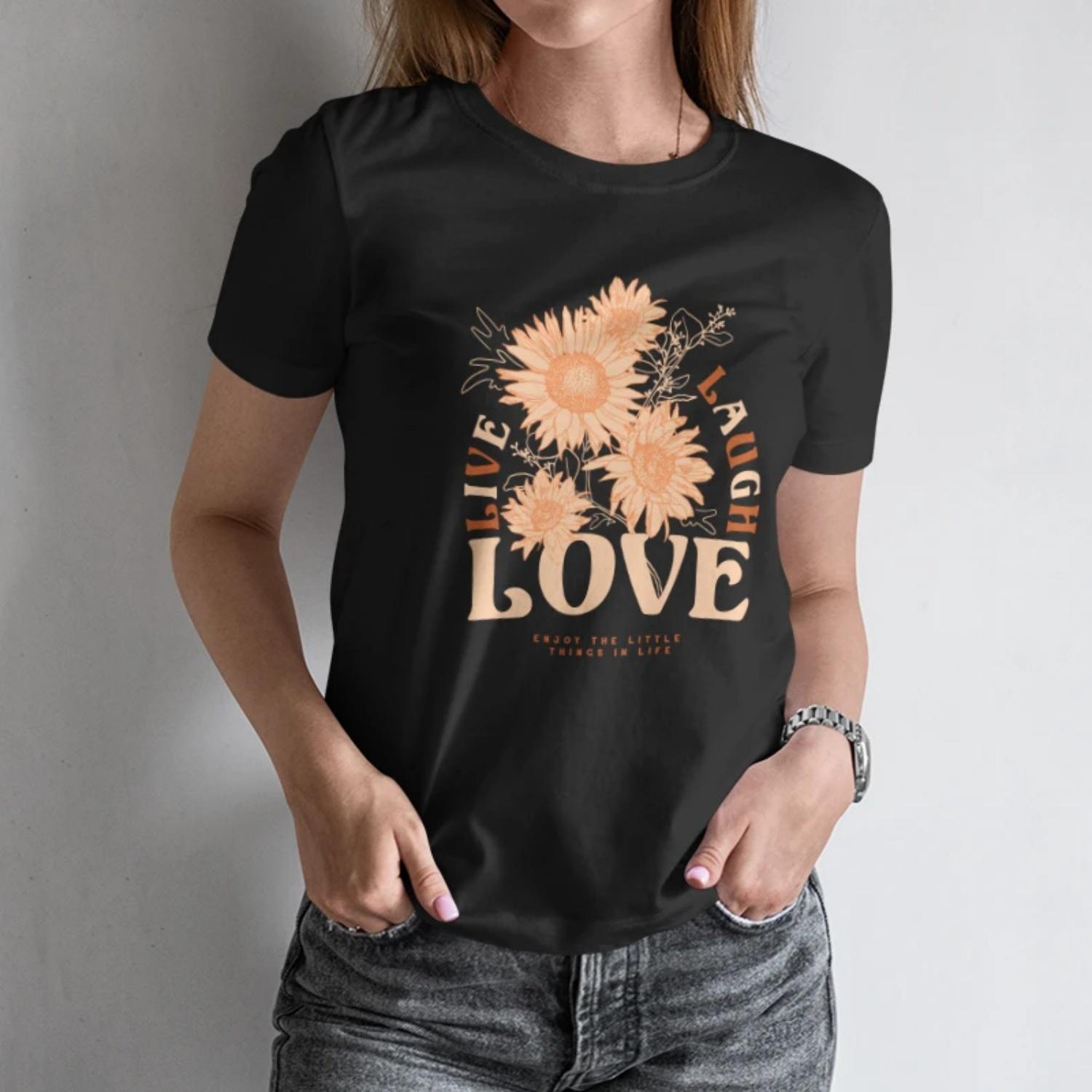 

Vibrant Women s Short - Sleeve T - Shirt LIVE LAUGH LOVE Sunflower - Embellished Print for a Joyful Summer Look S чёрный