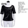 Damen-Shirt, glänzende Pailletten, halbe Ärmel, O-Ausschnitt, lose, einfarbig, weich, atmungsaktiv, Pullover, glitzernde Party, Abschlussball, Cocktail-Bluse