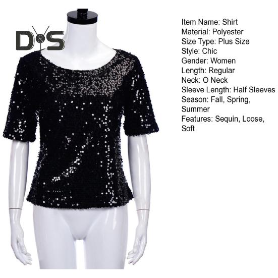 Damen-Shirt, glänzende Pailletten, halbe Ärmel, O-Ausschnitt, lose, einfarbig, weich, atmungsaktiv, Pullover, glitzernde Party, Abschlussball, Cocktail-Bluse