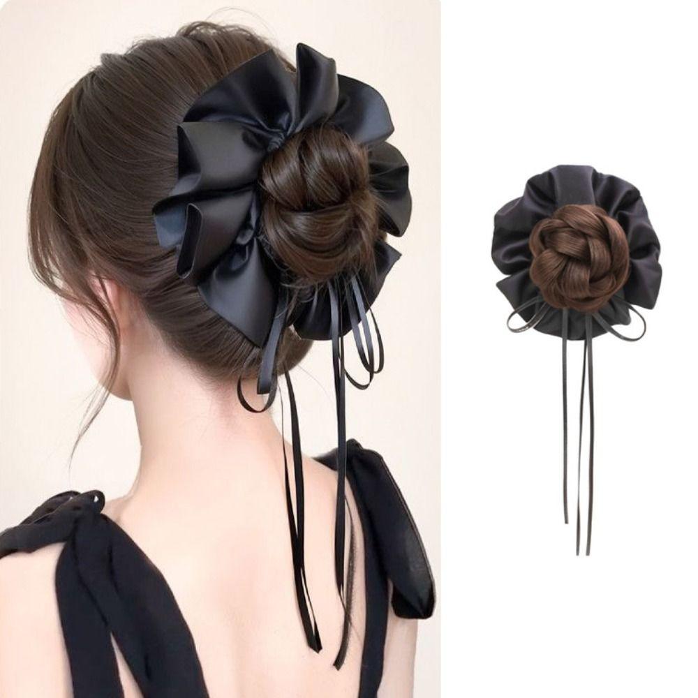 Ribbon Bun Head Wig Bowknot Wig Rubber Band New Hair Bun Claw Clip  Hair Accessories