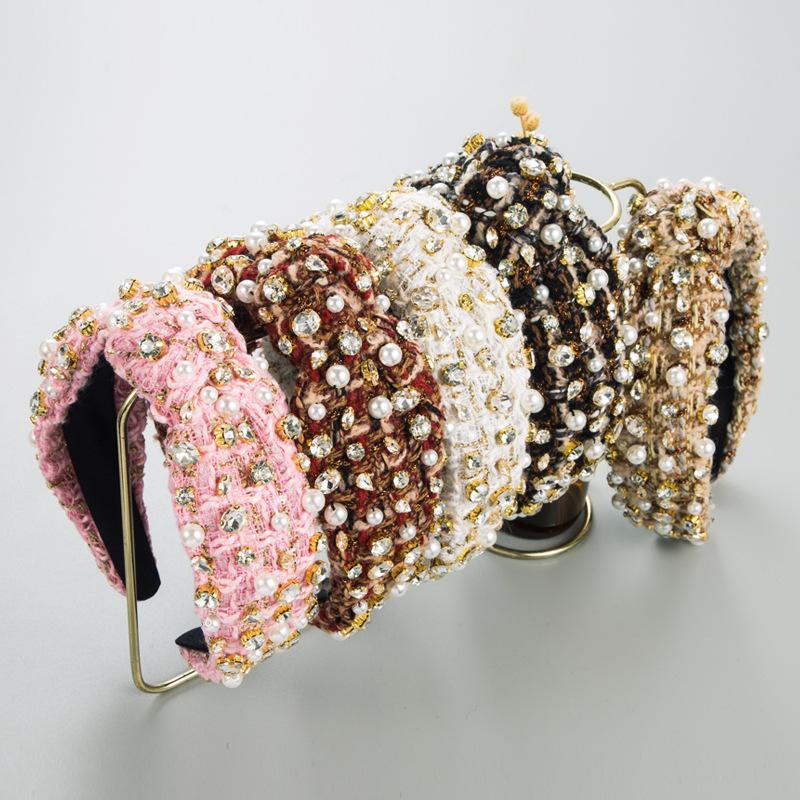 

New Diamond Studded Pearl Headband with Wide Edge Tied Hair Headband Accessory розовый