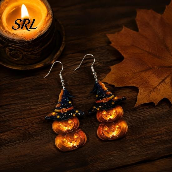 Holiday Gift for Her 1 Pair Halloween Pumpkin Earrings Women, 2 Stacking Retro Orange Witch Drop Dangle with Hat, Acrylic Costume Jewelry Niche Style