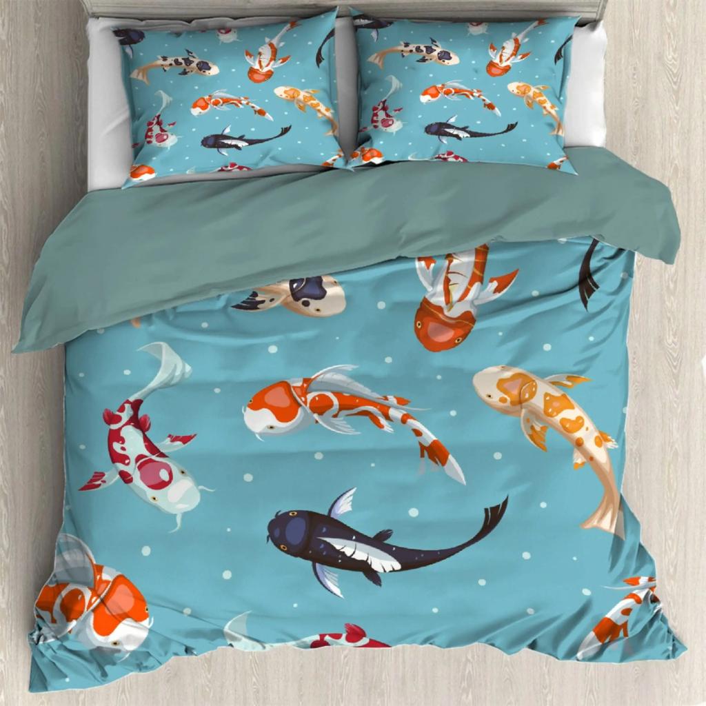 Japanese Duvet Cover Koi Carp Couple Swimming Cherry Blossom Branch Culture Design For Bedroom Decorative Orange Grey Women Men