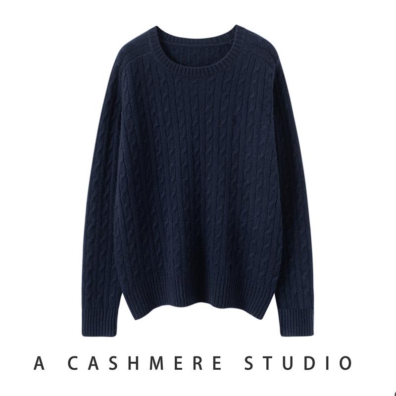 Women's Pure Cashmere Cable Knit Sweater: Thickened, Round Neck, Loose Fit, Slimming Knitwear for Autumn and Winter.