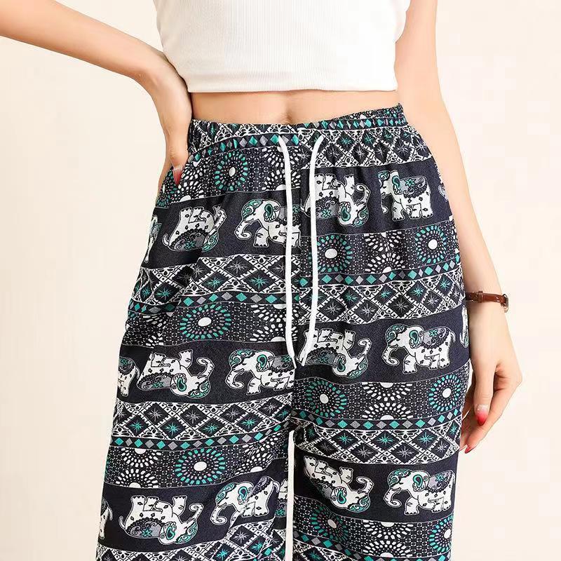 Women's Summer Bohemian Elephant Print Ice Silk Wide-Leg Yoga Pants