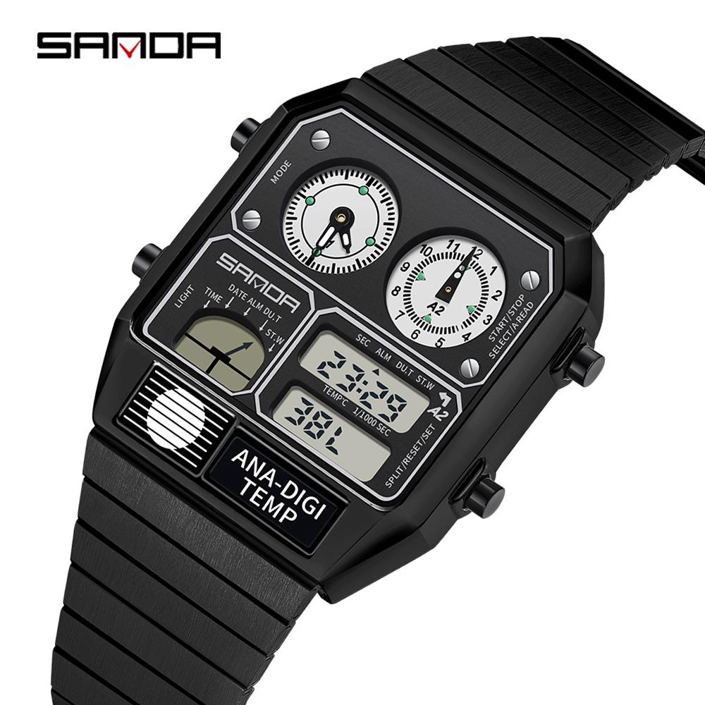 SANDA 3192 Mode Unisex Horloge LED Elektronisch Vierkant Jeugd Casual Multifunctioneel Thermometer Stopwatch Chronograaf Herenhorloge black