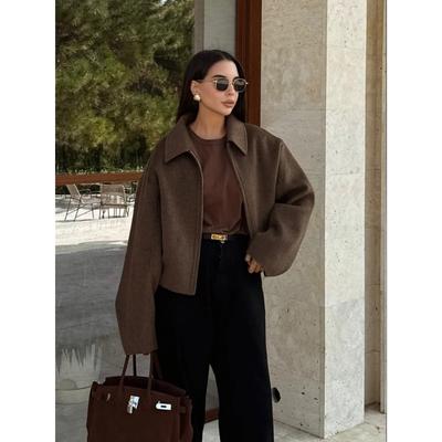 Fashion Brown Short Woolen Jacket for Women Elegant Lapel Long Sleeves Zipper Cropped Coats Autumn Chic Lady High Street Outwear
