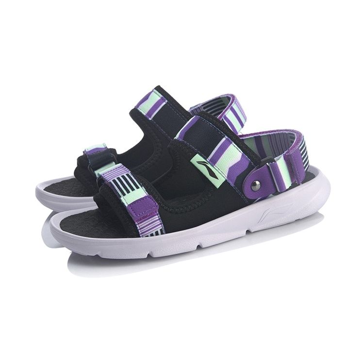 Li Ning Lightweight Comfortable One-Strap Two-Way Flat Sports Sandals Kids Sandals Black Purple YKUQ016-9