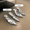 Fashion Advanced Sense ~! Silver Patent Leather Rhinestone Bow Pointy Half Slippers For Women With Fine Heels And High Heels