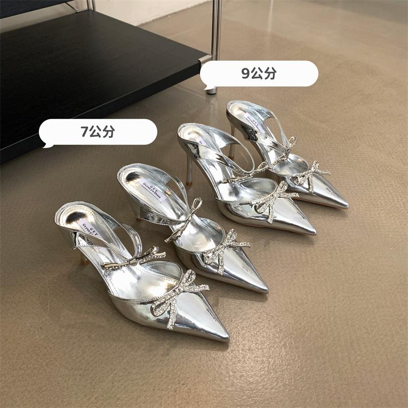 Fashion Advanced Sense ~! Silver Patent Leather Rhinestone Bow Pointy Half Slippers For Women With Fine Heels And High Heels