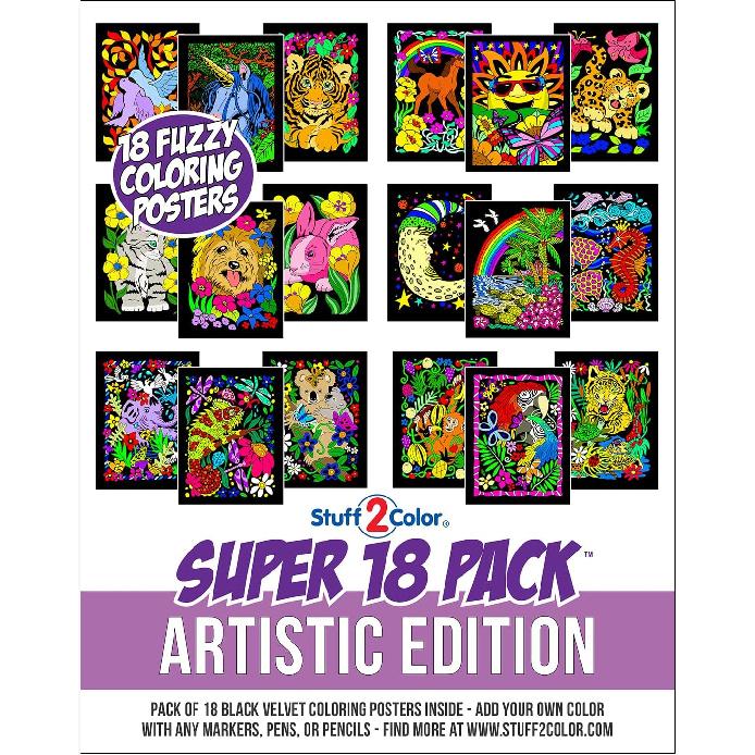 Super Pack of 18 Fuzzy Velvet Coloring Posters (Artistic Edition) - Great for Family Time, Arts & Crafts, Travel, Classrooms, Care Facilities [For