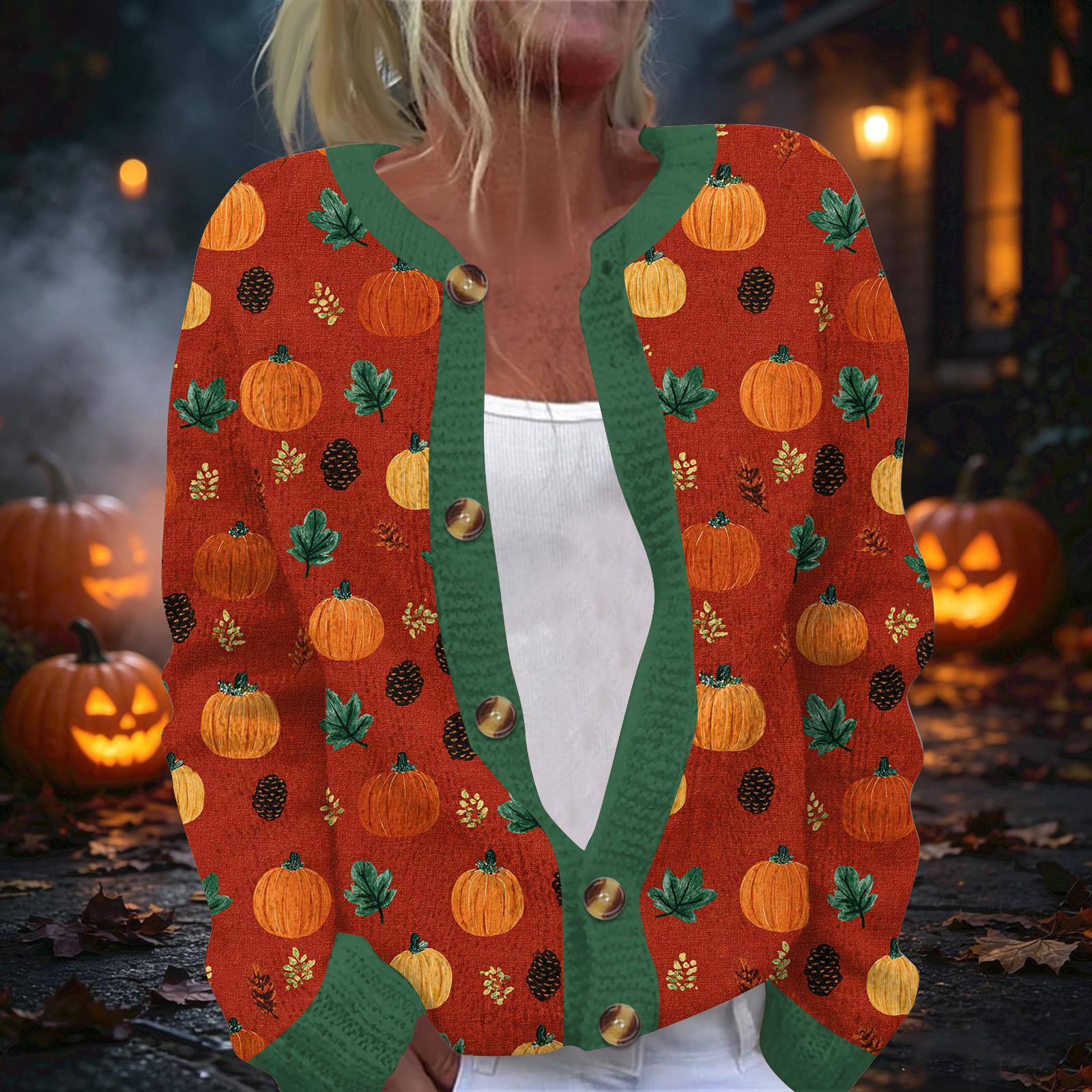 Damen Halloween Print Langarm Strickjacke Knopfleiste Pullover für Herbstpartys XXL grün