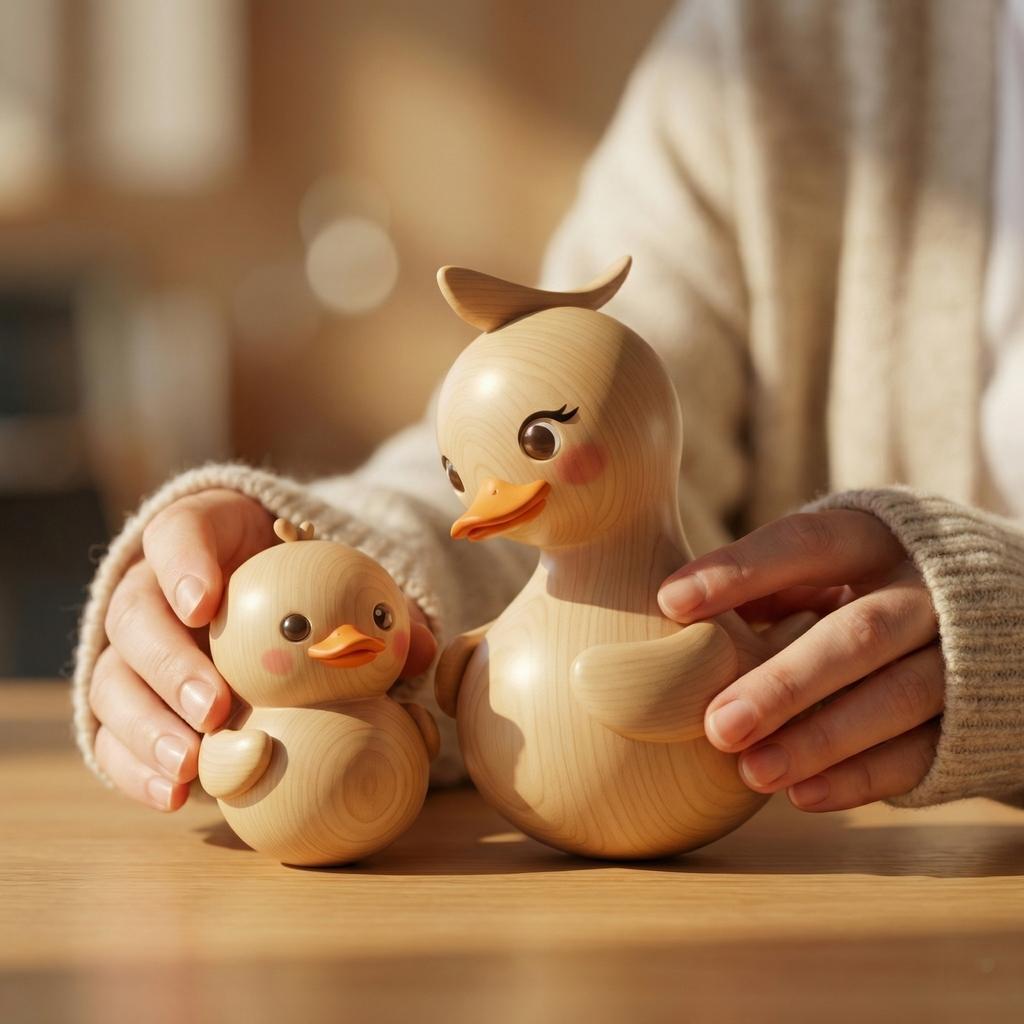 Wooden Duck Figurine Set Decorative Mother and Baby Duck Sculptures Handcrafted Home Decor Ornament