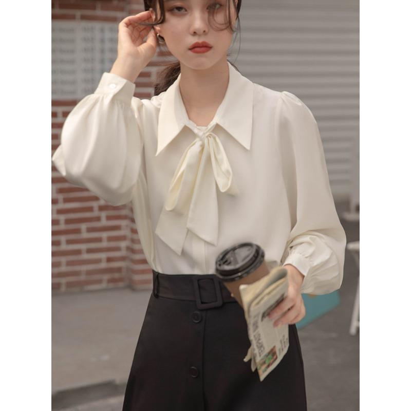 Comfortable and Versatile Lantern Sleeve Temperament Fall and Winter Bow Shirt White Blouse Female Long Sleeve Tie Design Sense Occupational Tops