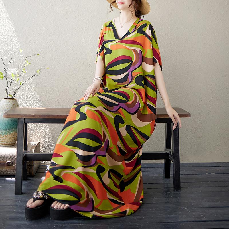 

DIMANAF 2025 Платье больших размеров, летнее женское, винтажный стиль, праздничный принт, V-образный вырез, короткий рукав, свободное новое длинное платье A One Size зелёный