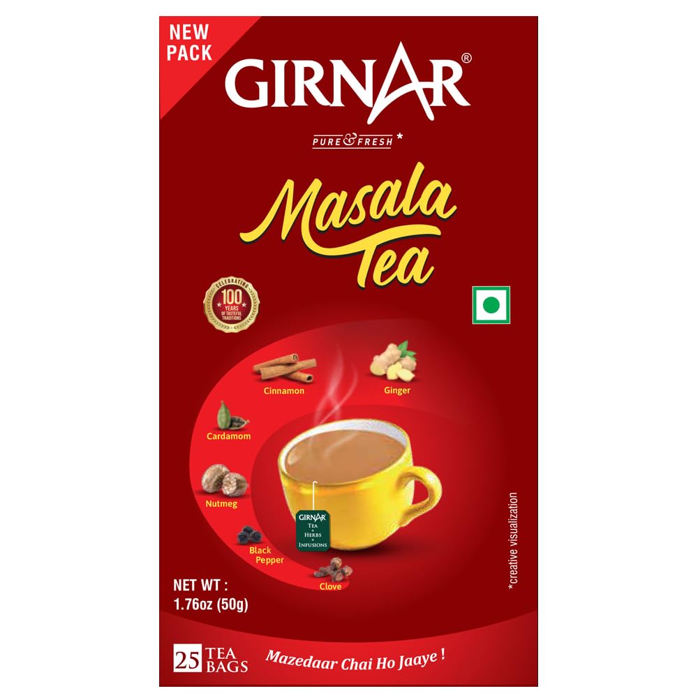 Girnar Kesari Masala Tea Ginger Flavored 25 Tea Bags High Caffeine Aromatic Indian Spices