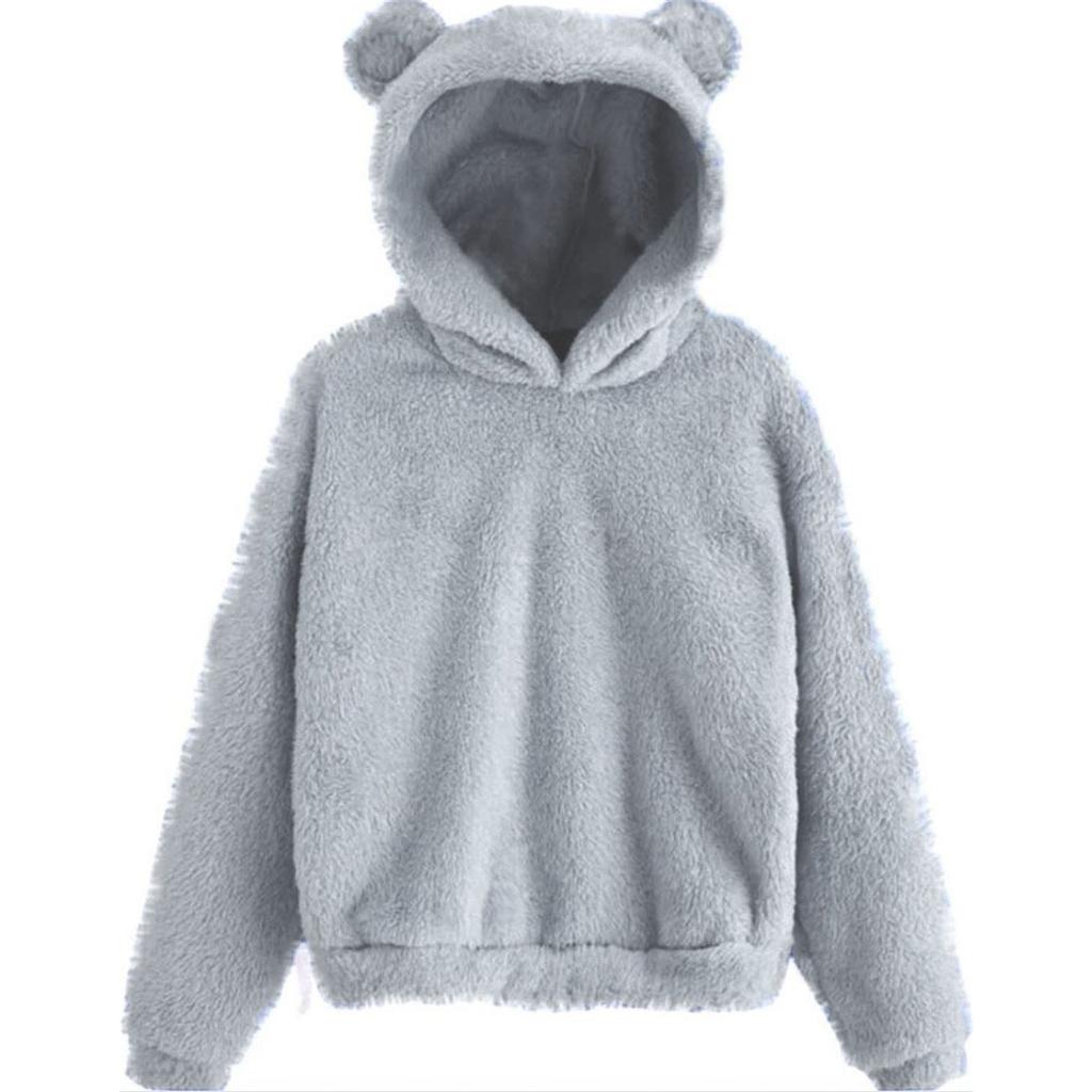 Damen Kapuzenpullover mit Bärenohren Flauschiger Sherpa Fleece Pullover Langarm Niedlich Locker Freizeit Warm Plüsch Kapuzenpullover Oberteile