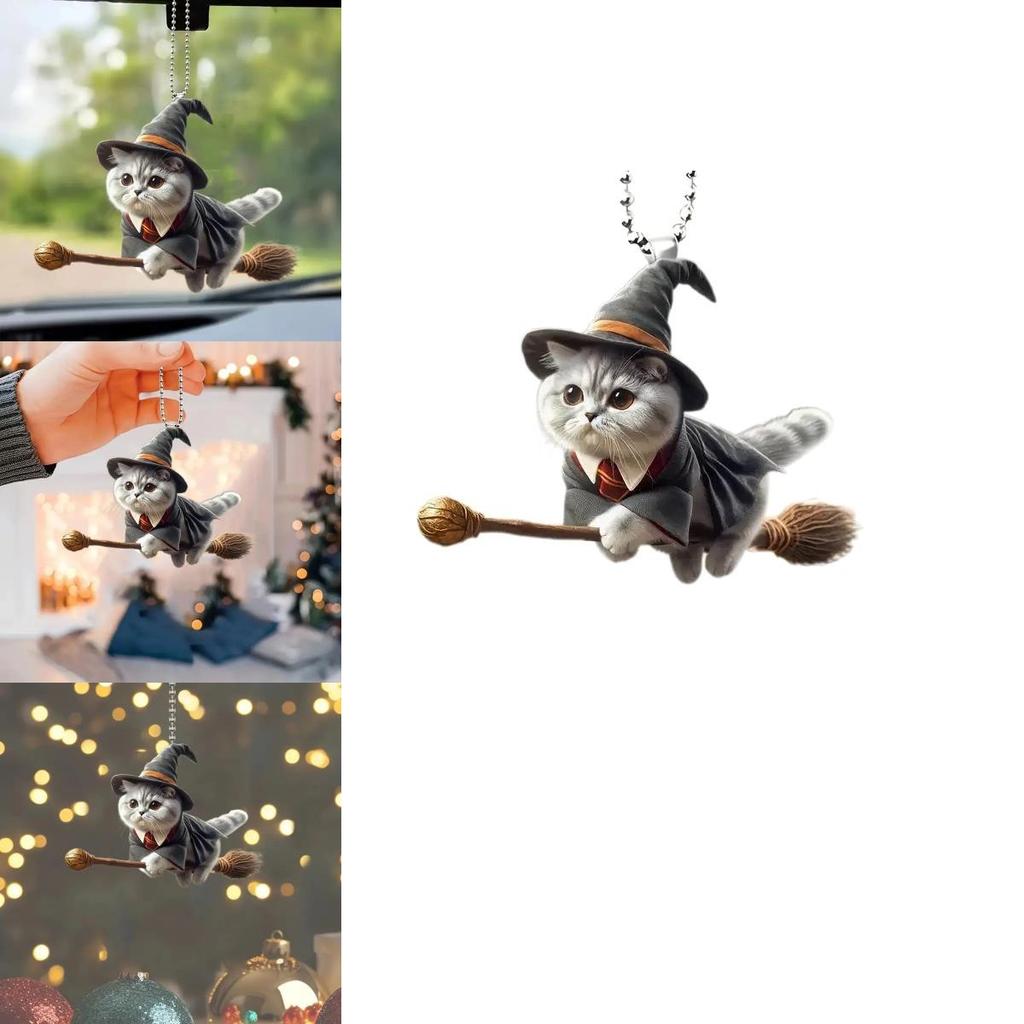 Acrylic Flat Surface Car Pendant With Magical Cat Riding Broom Design For Vehicle Interior Decor