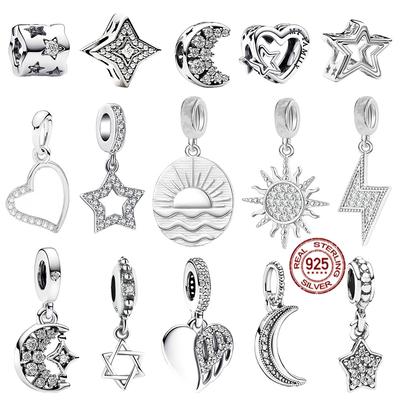 Nieuw S925 Sterling Zilver Glanzende Bliksemschicht Ster & Halve Maan Hanger Bedel Kraal Sieraden Past Originele Armband