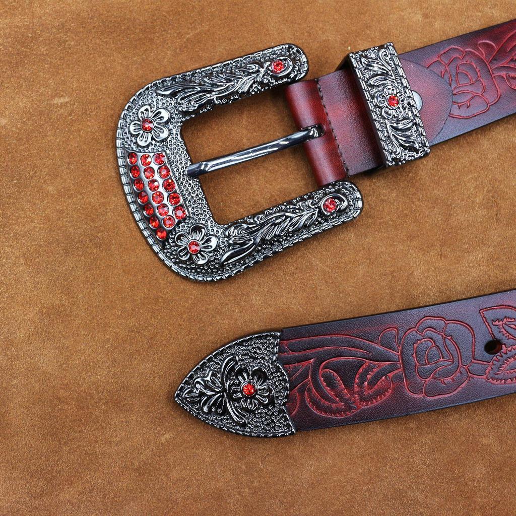 Western Embossed Cowhide Leather Belt - Retro Pin Buckle Men's Genuine Leather Belt for Trendy Young Men.