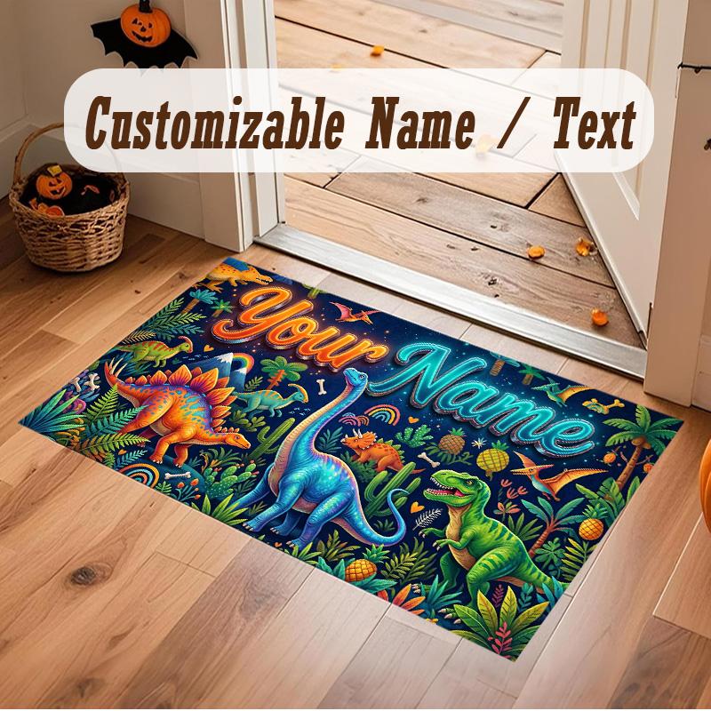 Dinosaur Theme Soft Crystal Velvet Rug Custom Name & Text Print Non Slip Floor Rug for Bedroom Living Room