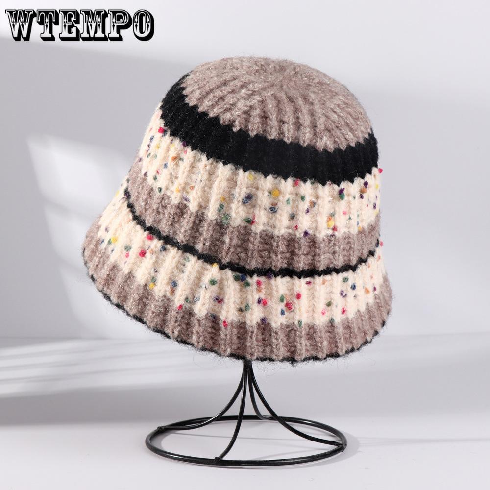 

Women s Autumn and Winter Knitted Hat Korean Version Striped Warm Yarn Bucket Hat One Size чорний