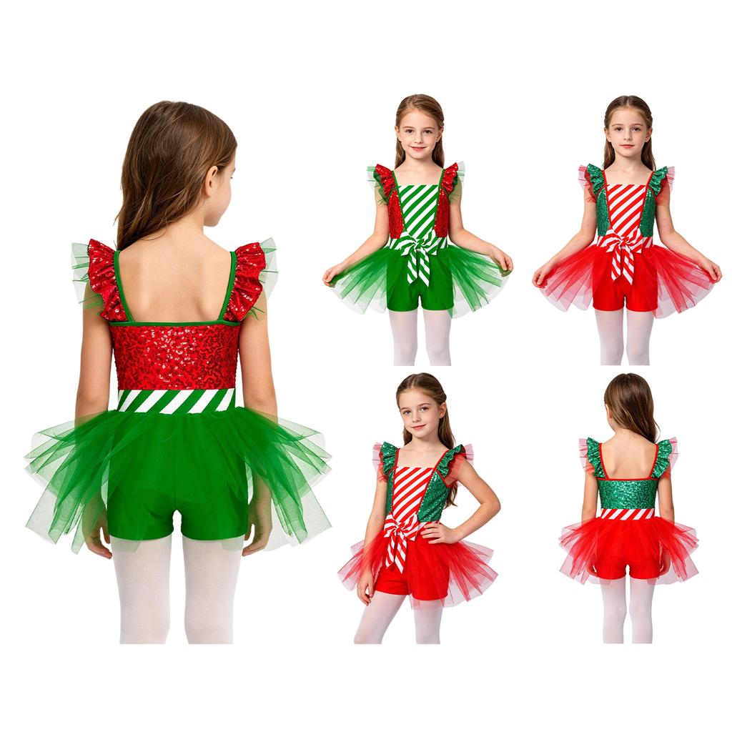 Sequins Candy Cane Stripe Tulle Dress for Girls Ruffle Sleeves Bowknot Built-in Shorts Christmas Stage Theme Party Costume