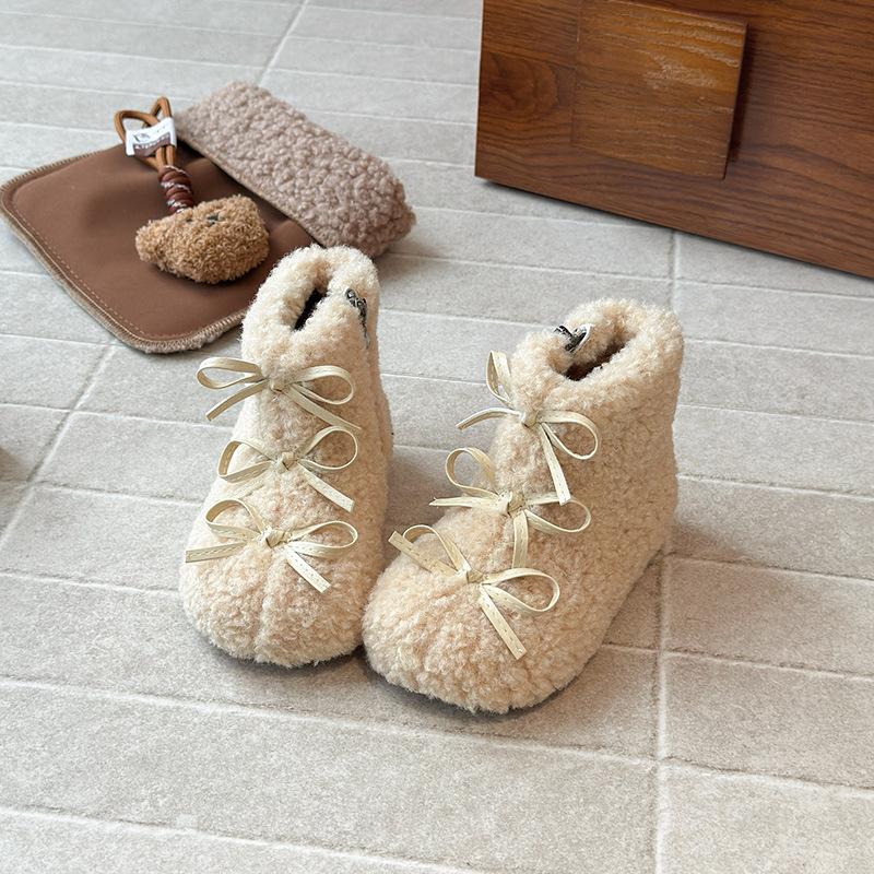 

Cute Bowknot Winter New Girls Snow Boots, Girls Furry Boots, Girls Fleece-Lined Warm Ankle Boots 21 бежевый