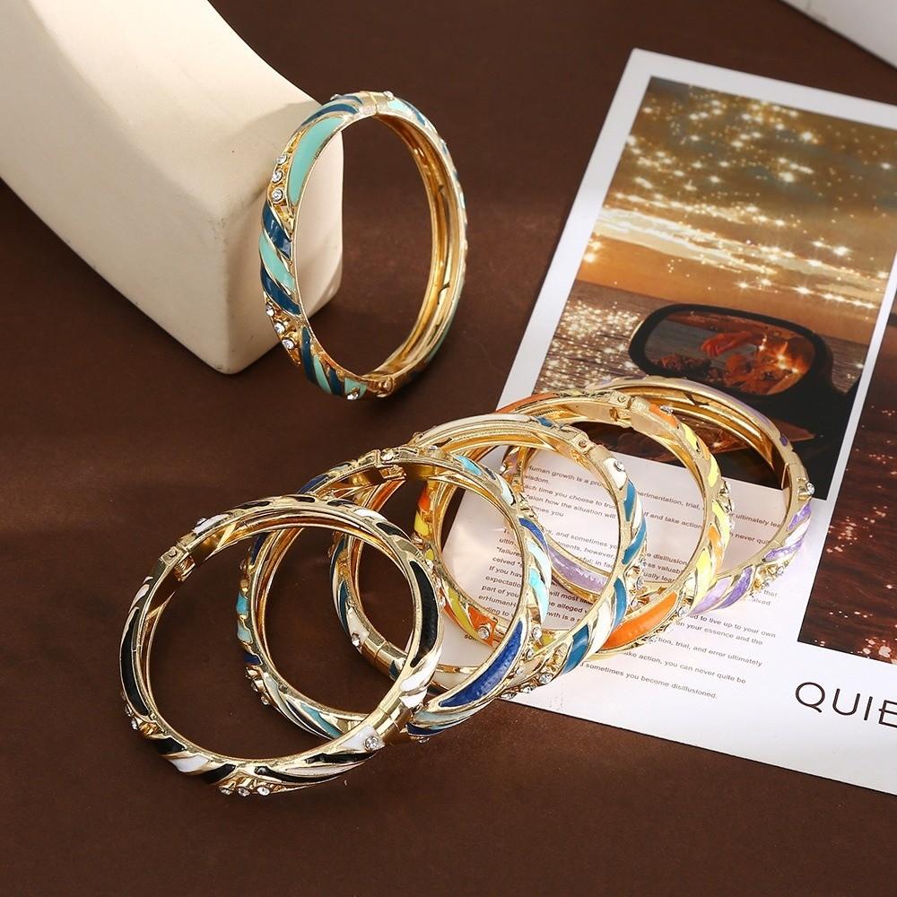 Colorful Enamel Cloisonne Bracelet Dainty Rhinestone Inlay Oil Dipping Cuff Women