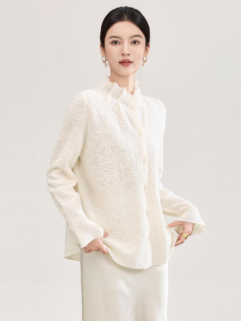 3D Interwoven Wool Jacquard Ruffle Flare Sleeve Knit Top