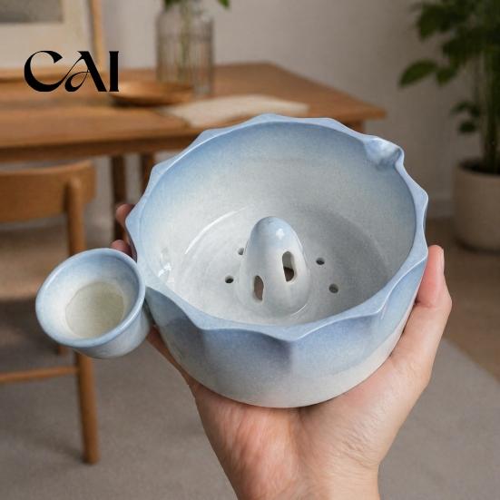 Small Tomato Cleaning Basin Ceramic Berry Washing Bowl, with Side Pouring Spout And Drain Fruit Colander Bowl Holes Design, Self Spinning Strainer,